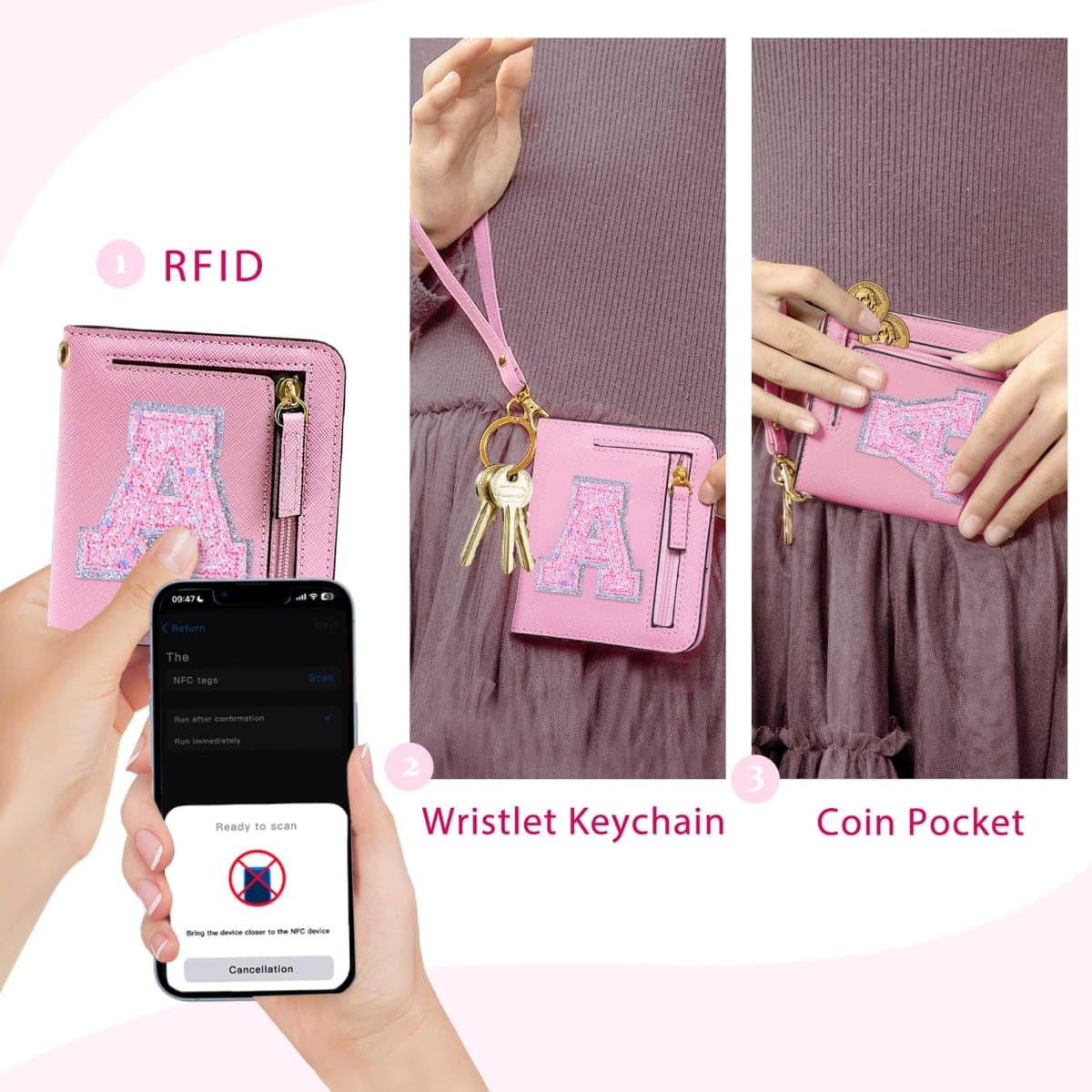 COSHAYSOO Initial Wallet RFID Small Bifold Slim Letter Wallet for Women Teenager Girls Travel Daily Necessities Credit Cards Money Cash Coin Organizer, Pink, Compact, A thumbnail 2