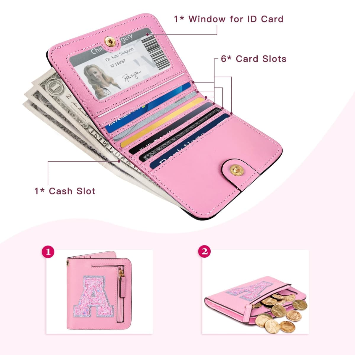 COSHAYSOO Initial Wallet RFID Small Bifold Slim Letter Wallet for Women Teenager Girls Travel Daily Necessities Credit Cards Money Cash Coin Organizer, Pink, Compact, A thumbnail 4