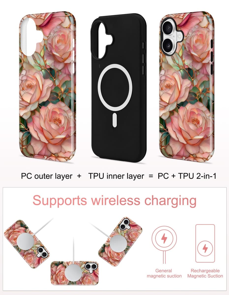Jusy Compatible with MagSafe Pink Flower Case for iPhone 16, Aesthetic Stained Glass Floral Magnetic Phone Case, Soft TPU and Hard PC Protective Cover for Women Girls (Shiny) - Pink Flower thumbnail 2