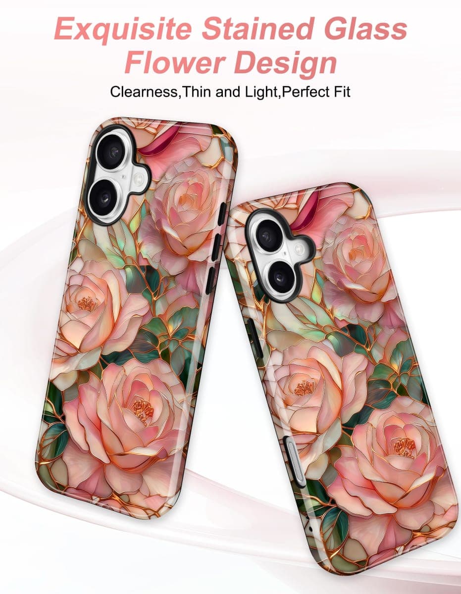 Jusy Compatible with MagSafe Pink Flower Case for iPhone 16, Aesthetic Stained Glass Floral Magnetic Phone Case, Soft TPU and Hard PC Protective Cover for Women Girls (Shiny) - Pink Flower thumbnail 3