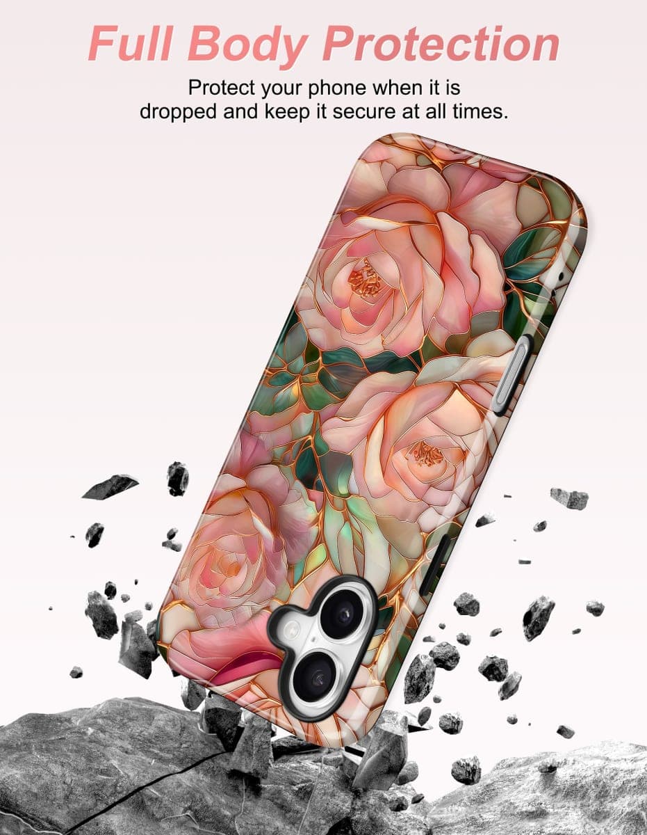 Jusy Compatible with MagSafe Pink Flower Case for iPhone 16, Aesthetic Stained Glass Floral Magnetic Phone Case, Soft TPU and Hard PC Protective Cover for Women Girls (Shiny) - Pink Flower thumbnail 4
