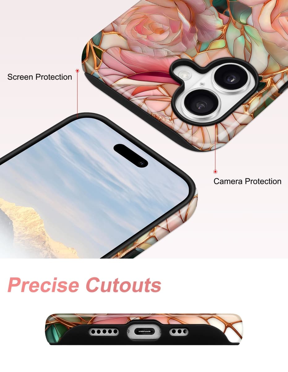 Jusy Compatible with MagSafe Pink Flower Case for iPhone 16, Aesthetic Stained Glass Floral Magnetic Phone Case, Soft TPU and Hard PC Protective Cover for Women Girls (Shiny) - Pink Flower thumbnail 5