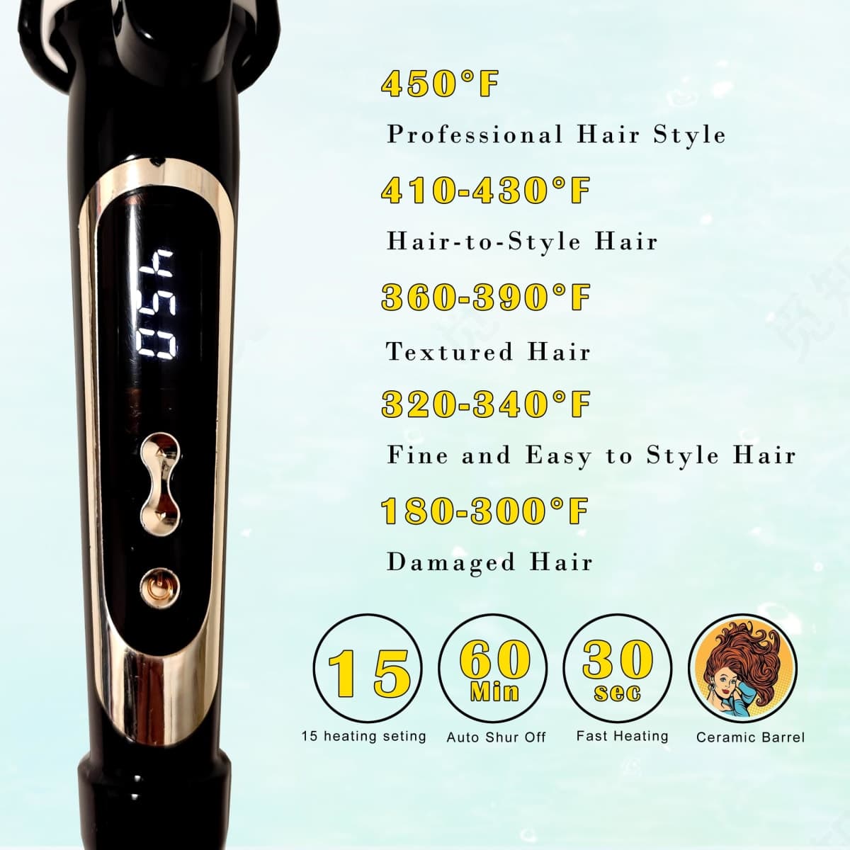 abp 3/4 Inch Curling Iron Extra Long Barrel with Ceramic Coating for Long/Medium Hair,LED Display Instant Heat up to 450°F with clamp,Hair Waving Style Tool Girls & Women thumbnail 4