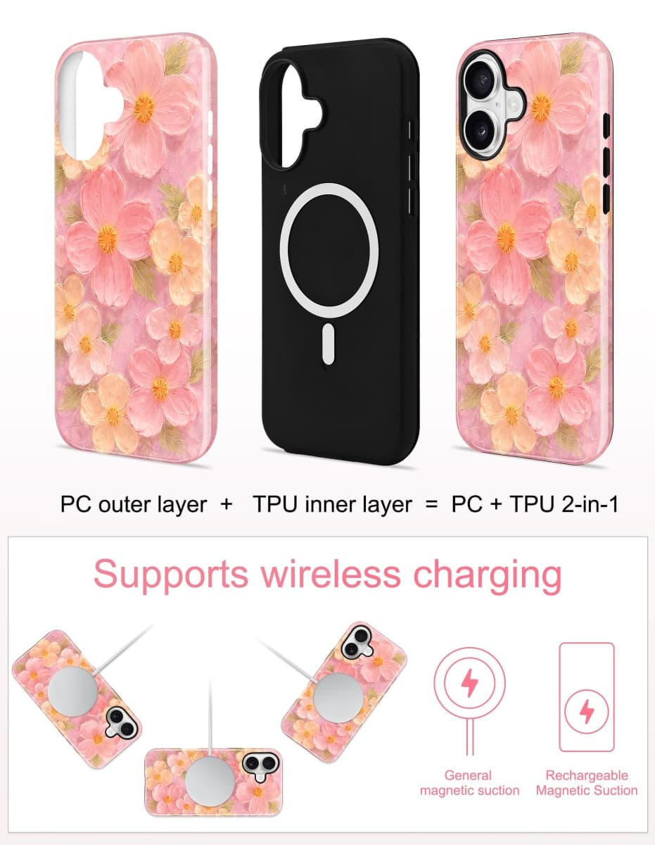 Jusy Compatible with MagSafe Floral Case for iPhone 16, Aesthetic Oil Painting Flower Magnetic Phone Case, Soft TPU and Hard PC Protective Cover for Women Girls (Shiny) - Pink Flower thumbnail 2