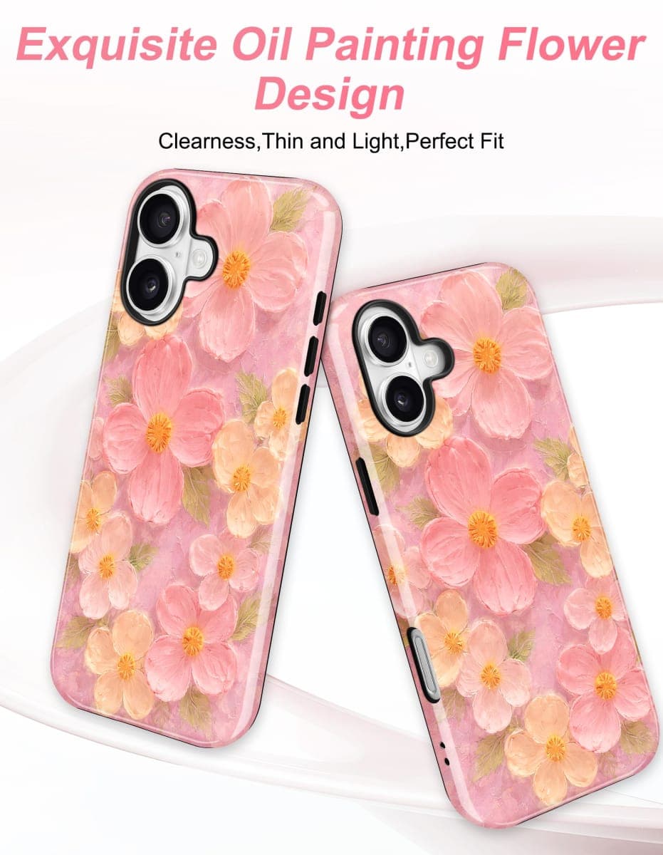 Jusy Compatible with MagSafe Floral Case for iPhone 16, Aesthetic Oil Painting Flower Magnetic Phone Case, Soft TPU and Hard PC Protective Cover for Women Girls (Shiny) - Pink Flower thumbnail 4