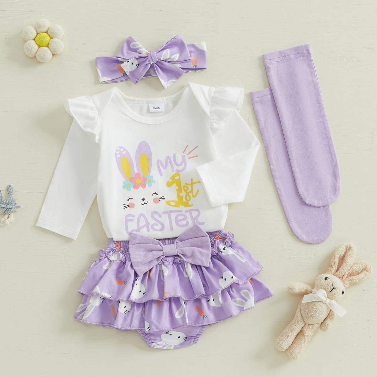mlpeerw Baby Girl Easter Outfit My First Easter Romper Bunny Ruffle Skirt Dress Headband Set Newborn Cute Spring Clothes, My 1st Easter-ivory, 0-3 Months thumbnail 2