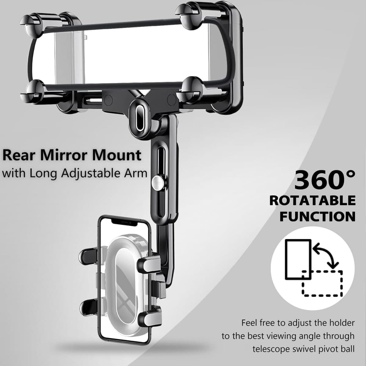 ILKCC Rearview Mirror Phone Holder for Car, 360° Rotating and Retractable Multifunctional Rear View Phone Mount, Upgraded Four Corners Fixed Anti-Shake Fit All Smartphones & Bigger Vehicle thumbnail 2