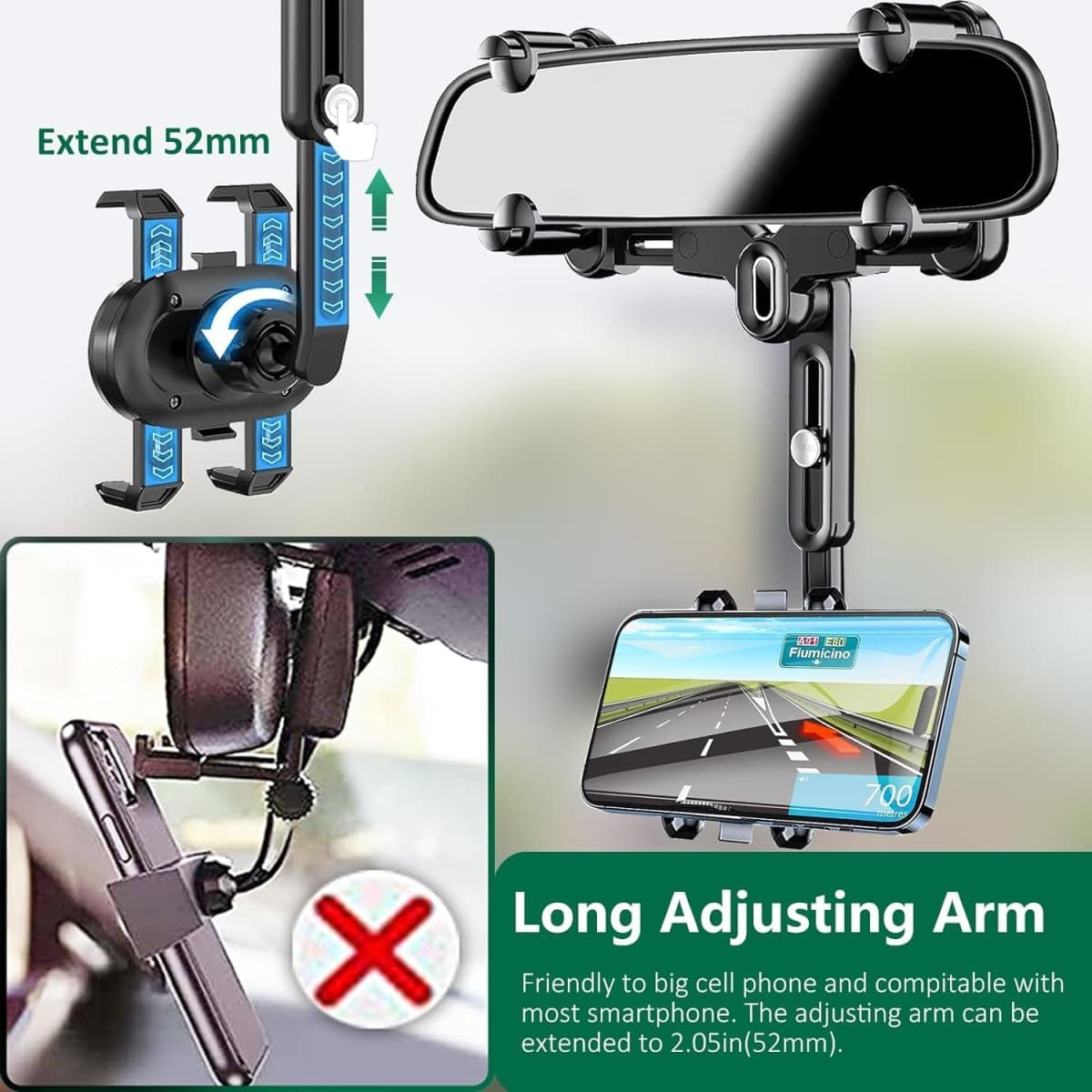 ILKCC Rearview Mirror Phone Holder for Car, 360° Rotating and Retractable Multifunctional Rear View Phone Mount, Upgraded Four Corners Fixed Anti-Shake Fit All Smartphones & Bigger Vehicle thumbnail 3