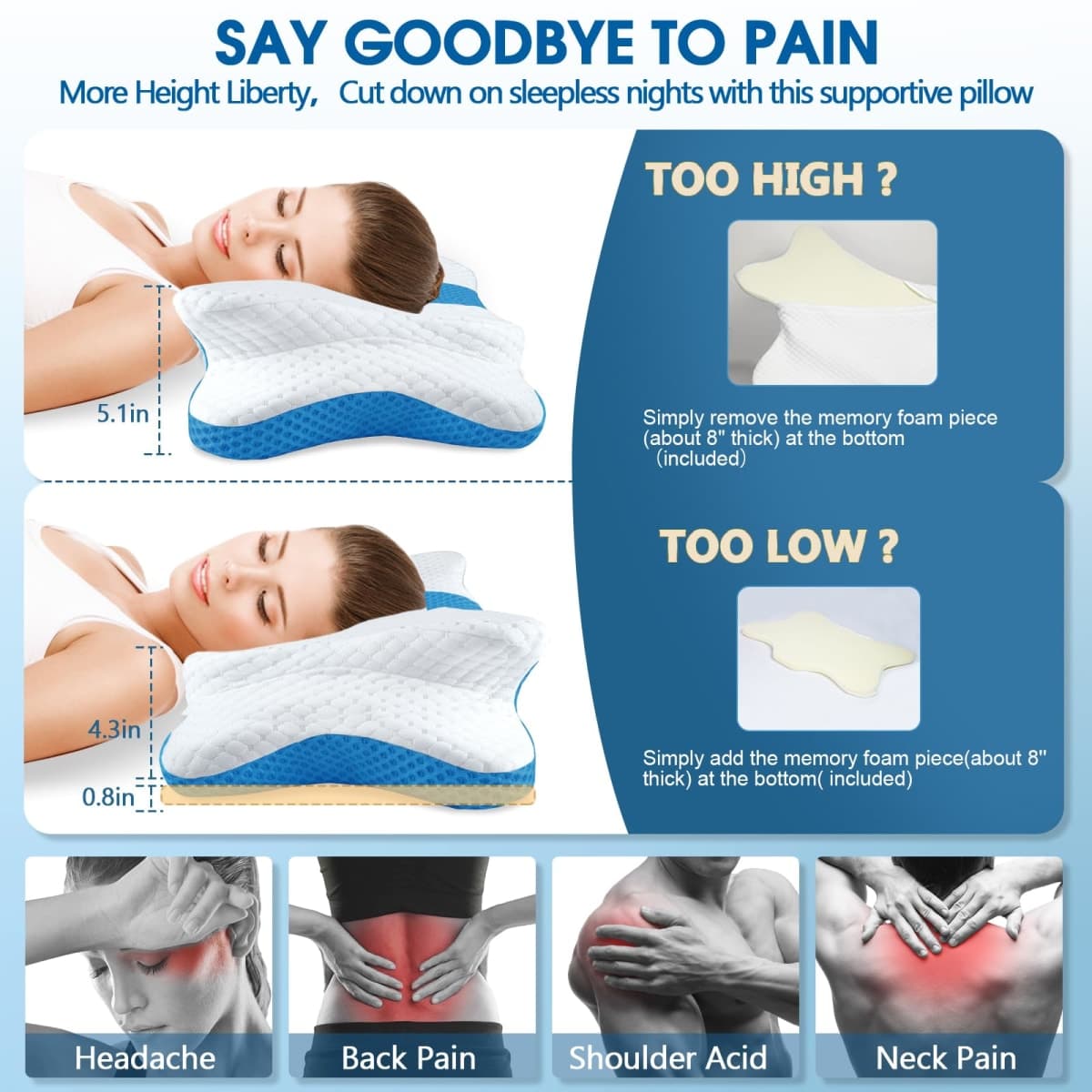CHxxy Memory Foam Pillows, Cervical Pillow for Neck and Shoulder Pain Relief, Ergonomic Contour Bed Pillow, Soft for Side Sleep Stomach Sleeping and Back Sleeper-Queen Size&Blue thumbnail 2