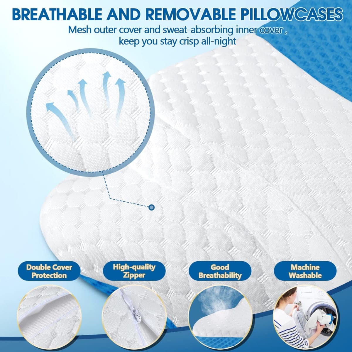 CHxxy Memory Foam Pillows, Cervical Pillow for Neck and Shoulder Pain Relief, Ergonomic Contour Bed Pillow, Soft for Side Sleep Stomach Sleeping and Back Sleeper-Queen Size&Blue thumbnail 5