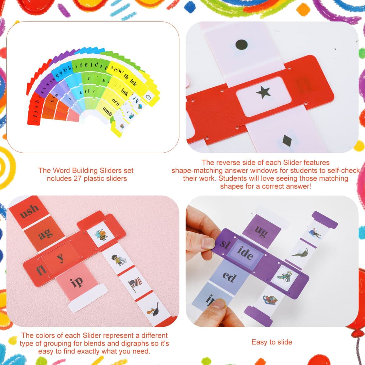 Feifeiya 27 Pcs Word Vocabulary Building Sliders with Instruction Card Consonant Blends and Digraphs Phonics Manipulatives Along with VCV Teaching Colorful ELA Learning Essentials to Build Sentences thumbnail 3