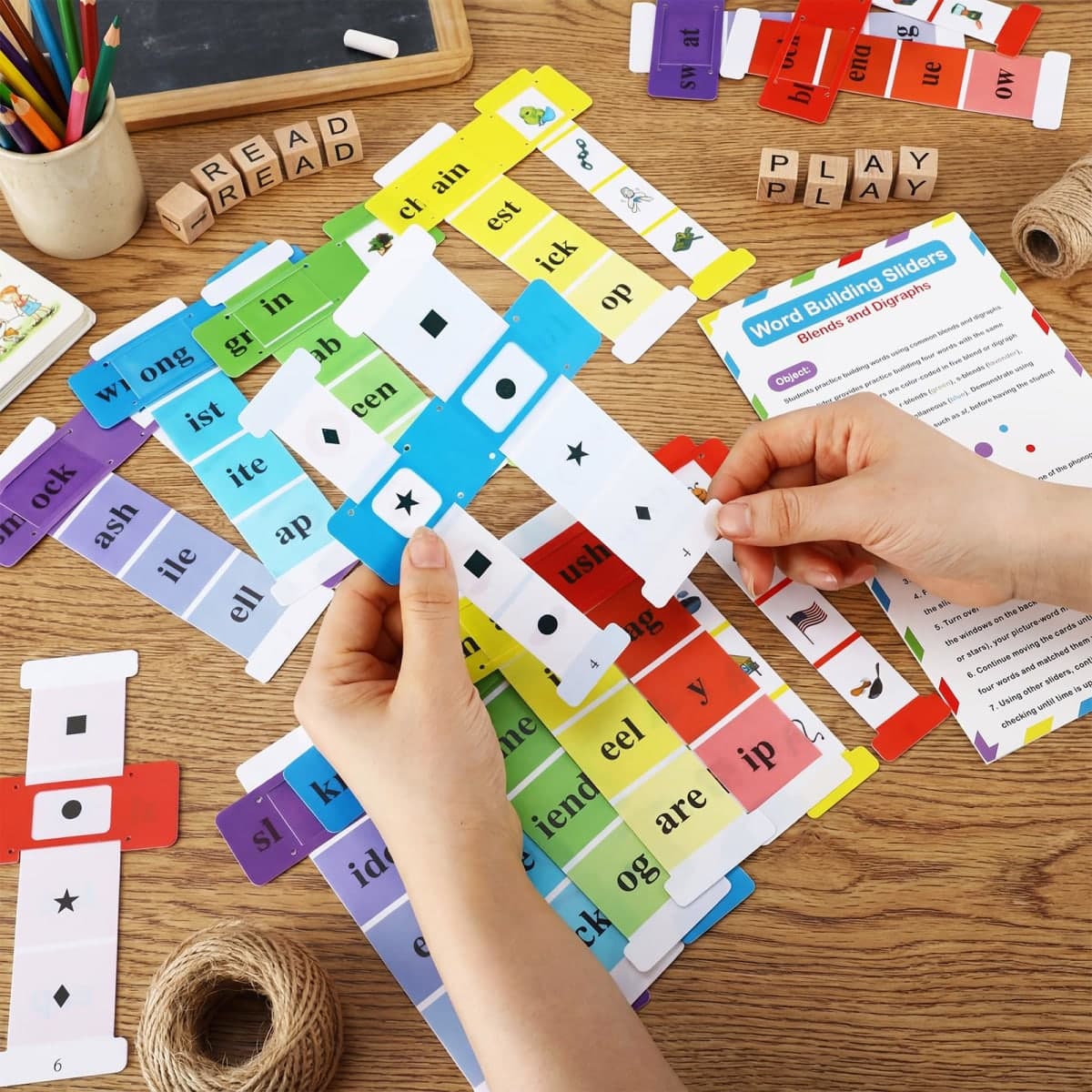Feifeiya 27 Pcs Word Vocabulary Building Sliders with Instruction Card Consonant Blends and Digraphs Phonics Manipulatives Along with VCV Teaching Colorful ELA Learning Essentials to Build Sentences thumbnail 4