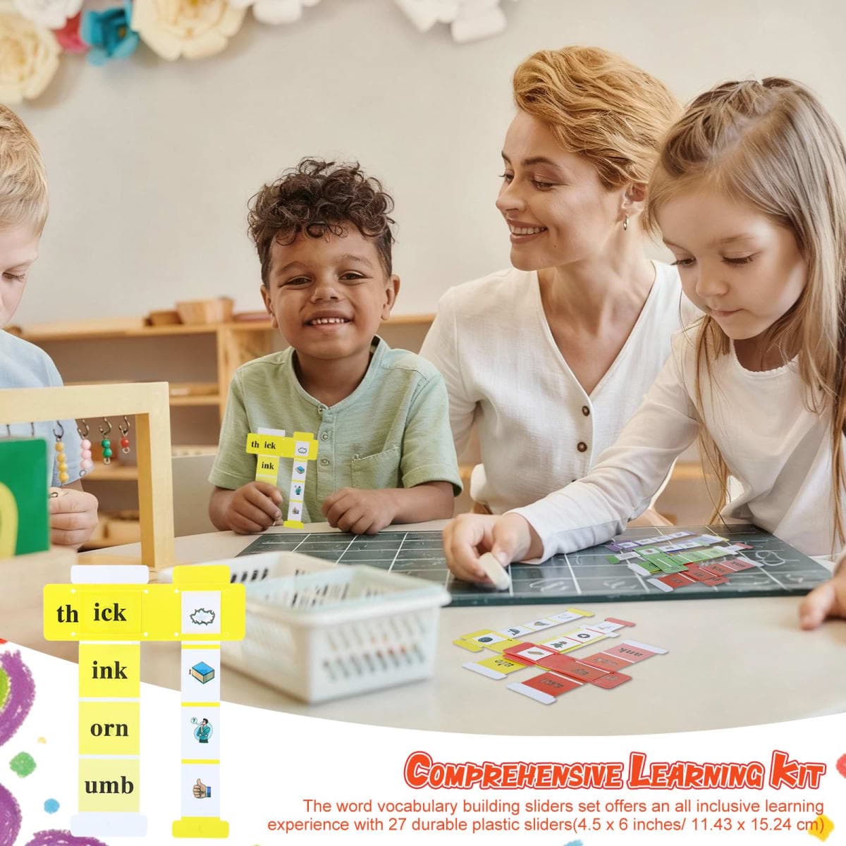 Feifeiya 27 Pcs Word Vocabulary Building Sliders with Instruction Card Consonant Blends and Digraphs Phonics Manipulatives Along with VCV Teaching Colorful ELA Learning Essentials to Build Sentences thumbnail 5