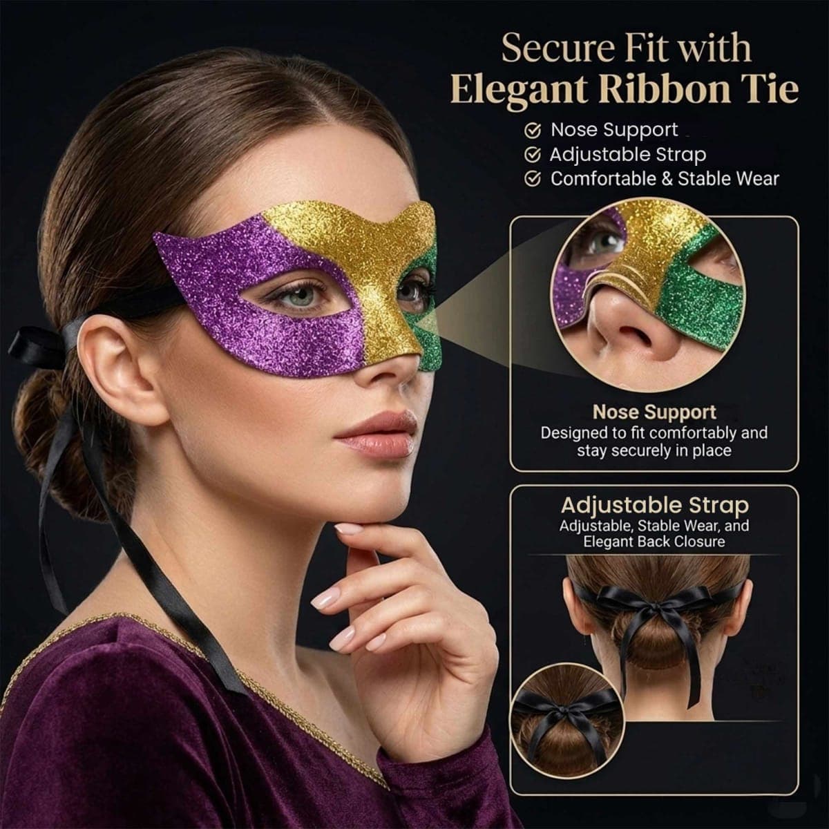 Wildarms Venetian Half Face Masks for Mardi Gras - Glitter Purple/Green/Yellow Masquerade Party Costumes (Color1) thumbnail 2