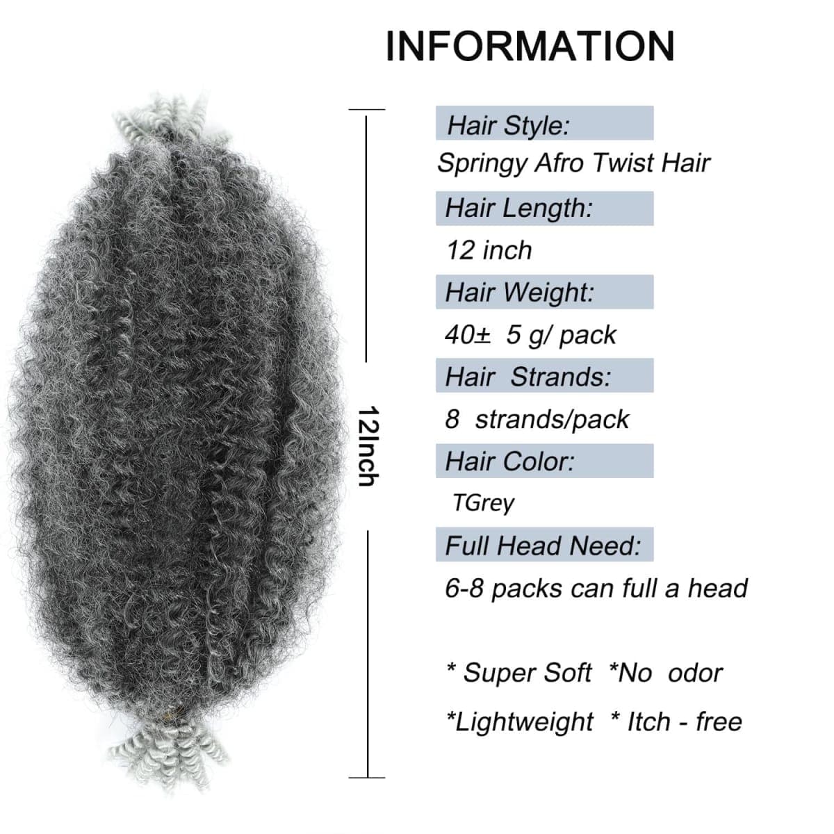 Parceria Marley Braiding Hair - 8 Packs Afro Twist - 12 Inch Pre-fluffed Springy Kinky Hair for Faux Locs (12 Inch, Grey) thumbnail 2