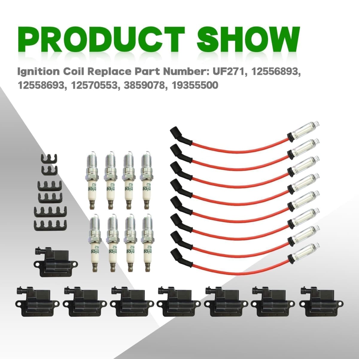 Yunnergo 8 Pack Square Ignition Coil & Spark Plug Wire 12556893 12558693 12570553 3859078 38590782 392889925 UF-271 Compatible with 1500 2500 3500 4.8L 5.3L 6.0L 8.1L 1999-2007 thumbnail 2