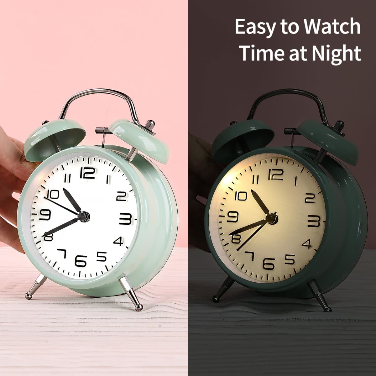 Loud Alarm Clock for Heavy Sleepers 3D Dial Battery Operated (Battery Include), 4" Alarm Clocks for Bedrooms, Classic Silent Non-Ticking Quartz Twin Bell Alarm Clock for Kids PT505 Green White thumbnail 2