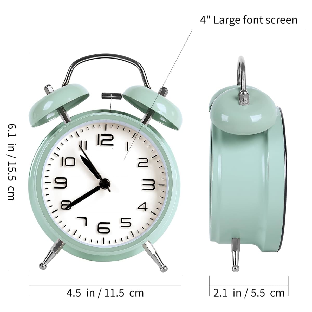 Loud Alarm Clock for Heavy Sleepers 3D Dial Battery Operated (Battery Include), 4" Alarm Clocks for Bedrooms, Classic Silent Non-Ticking Quartz Twin Bell Alarm Clock for Kids PT505 Green White thumbnail 3