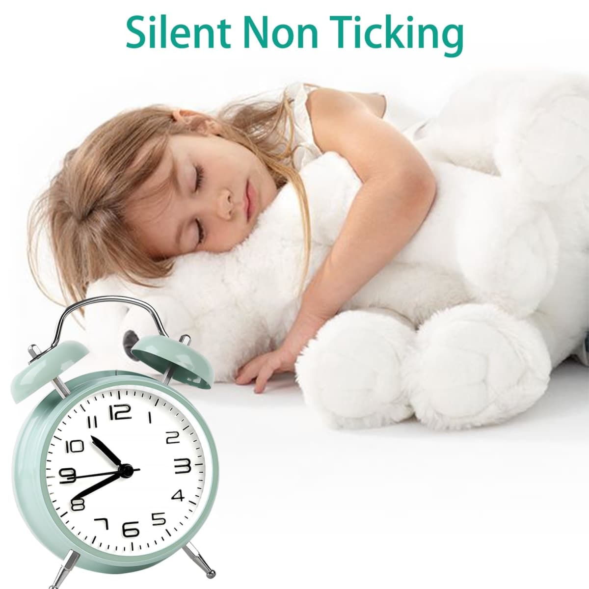 Loud Alarm Clock for Heavy Sleepers 3D Dial Battery Operated (Battery Include), 4" Alarm Clocks for Bedrooms, Classic Silent Non-Ticking Quartz Twin Bell Alarm Clock for Kids PT505 Green White thumbnail 5