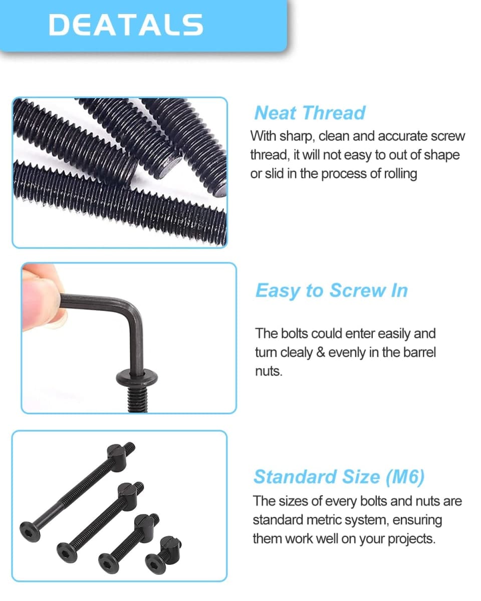Crib Screws Hardware Replacement Kit - 16 Set Baby Bed Frame Bolts,Barrel Nuts&Wooden Dowel Pins Set - M6x16/40/60/80 mm Hex Drive Socket Cap Screws Nuts for Beds Headboards Chairs Furniture thumbnail 5