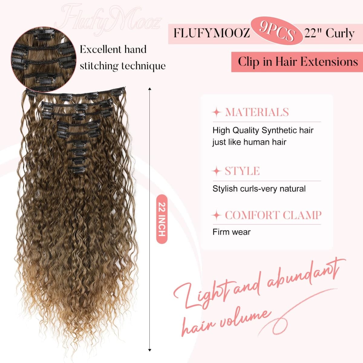 FLUFYMOOZ 9PCS Clip in Hair Extensions 22 Inch Curly Hair Extension Long Soft Synthetic Hairpieces for Women (Dark Blonde) thumbnail 2