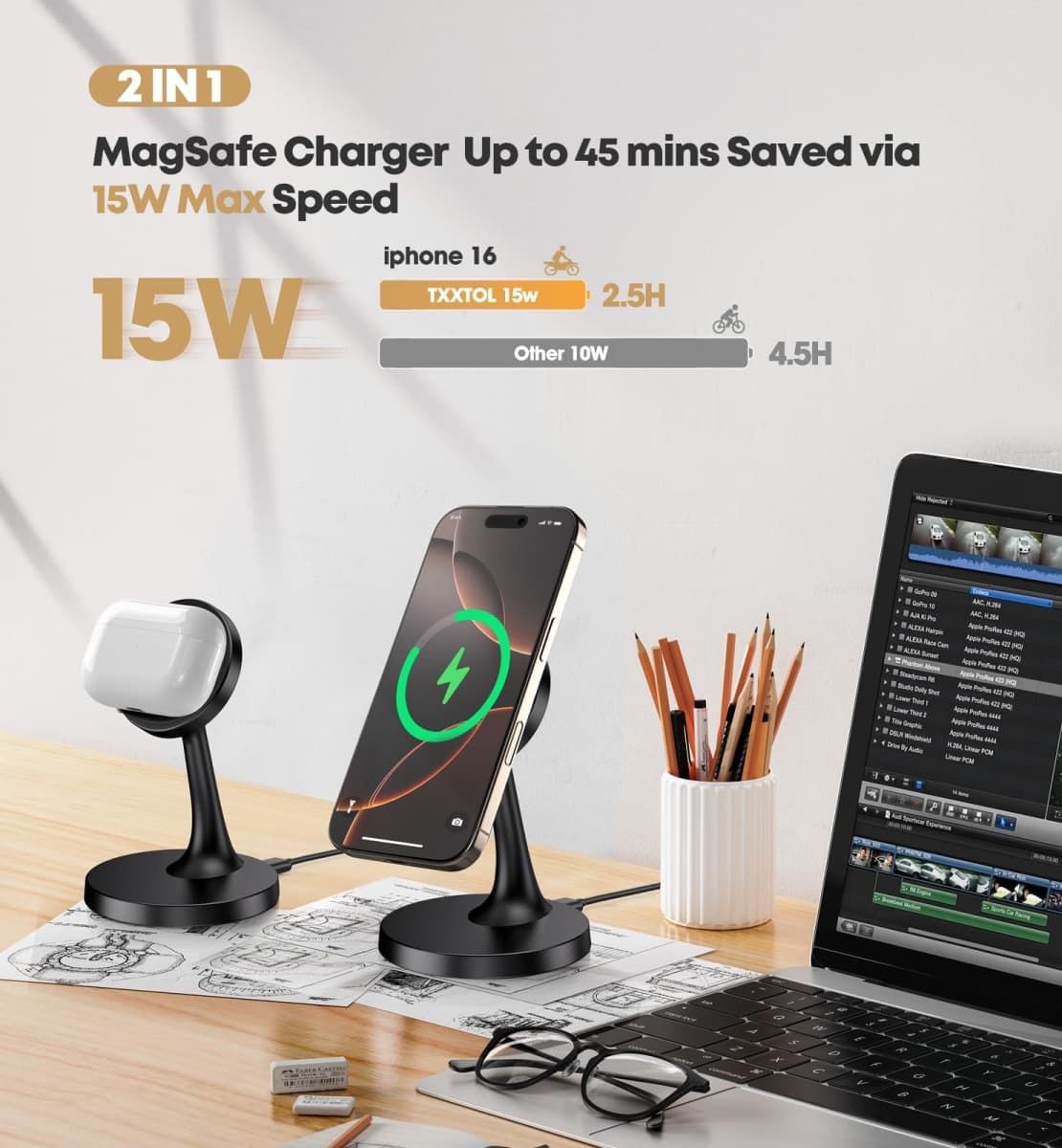 Magnetic Wireless Charger Phone Stand 15W Fast Magnetic Charger for Phone 17/17 Pro/17 Air/17 Pro Max 16/15/14/13/12 Series Apple Magnet Wireless Charging Station/Pad for AirPods thumbnail 2