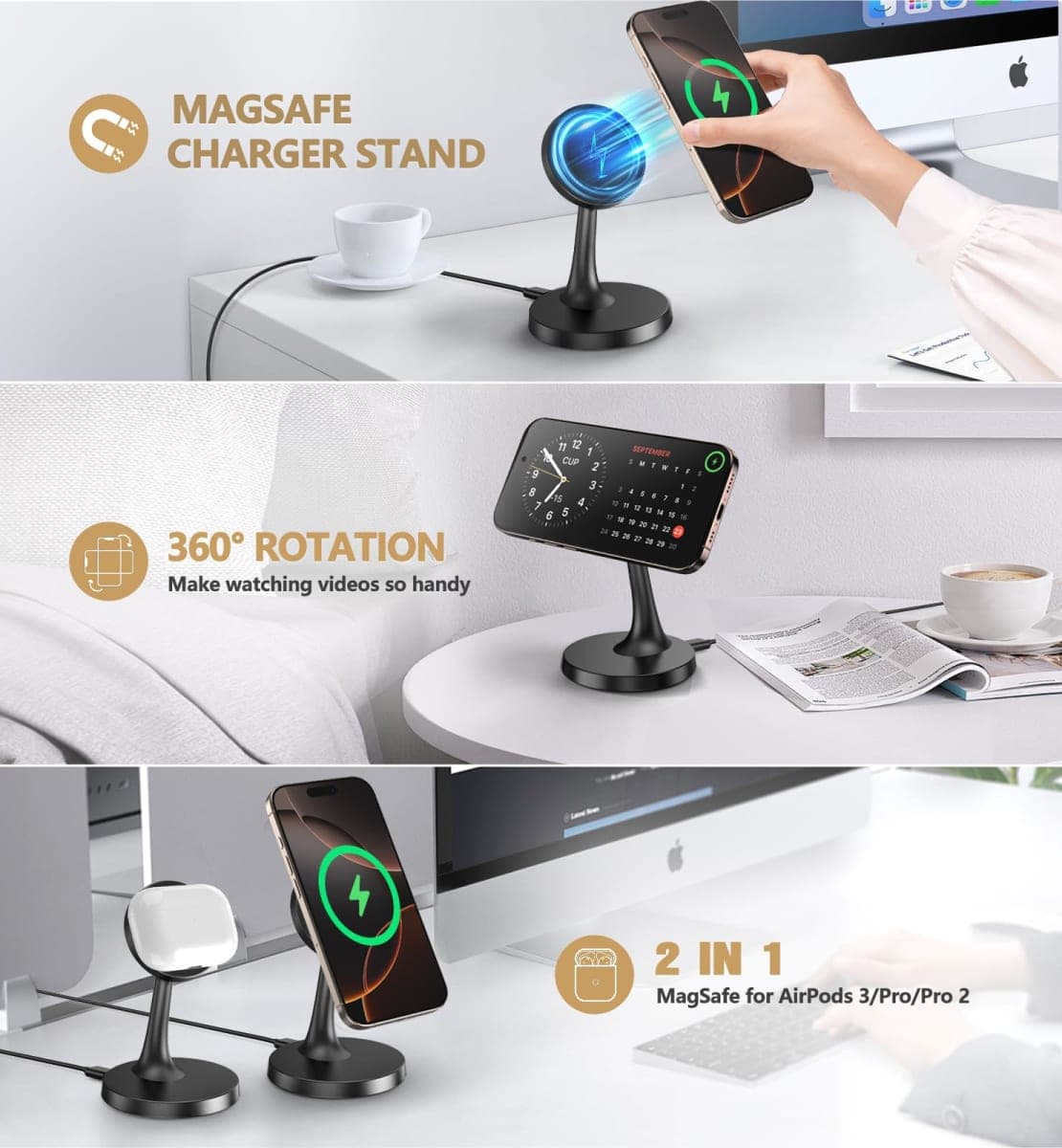 Magnetic Wireless Charger Phone Stand 15W Fast Magnetic Charger for Phone 17/17 Pro/17 Air/17 Pro Max 16/15/14/13/12 Series Apple Magnet Wireless Charging Station/Pad for AirPods thumbnail 3