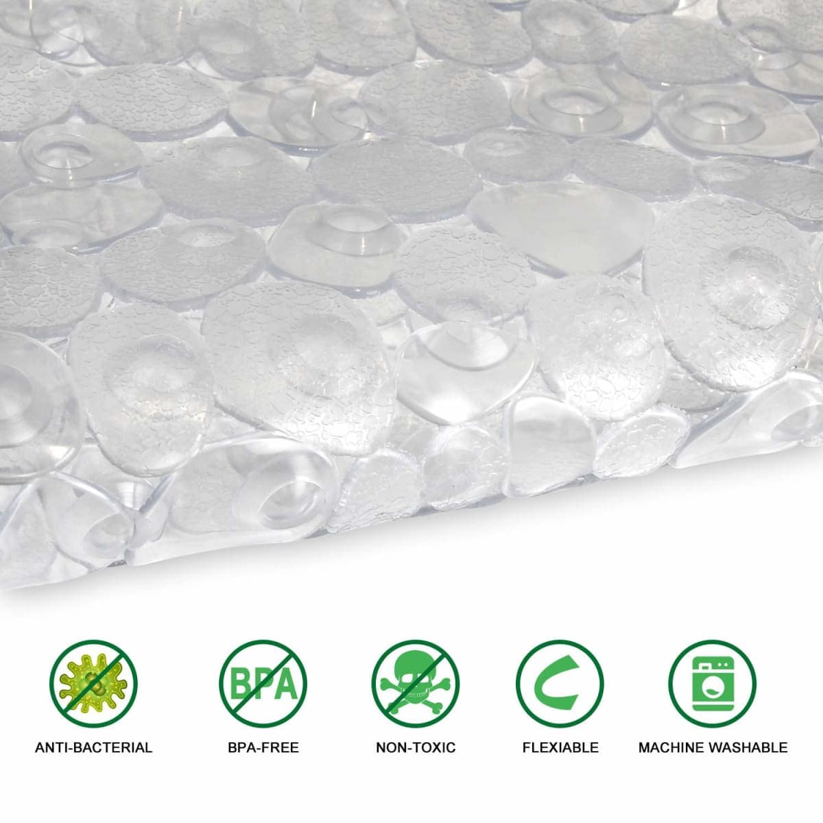WELTRXE Pebbles Bath Mat,PVC Oval Tub Mats Non Slip Anti Mold for Kids,Elderly,27 x 14 Inch Clear Machine Washable Bathtub Mat with Suction Cups,Drain Holes,BPA Free thumbnail 2