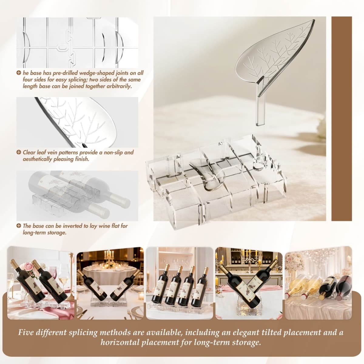 Clear Acrylic Wine Rack, Modular Stackable Countertop Wine Bottle Holder with Leaf Shaped Support, Multi Purpose Versatile Wine Display Stand for Home Bar Party Daily Organizing (Transparent - 4pcs) thumbnail 3