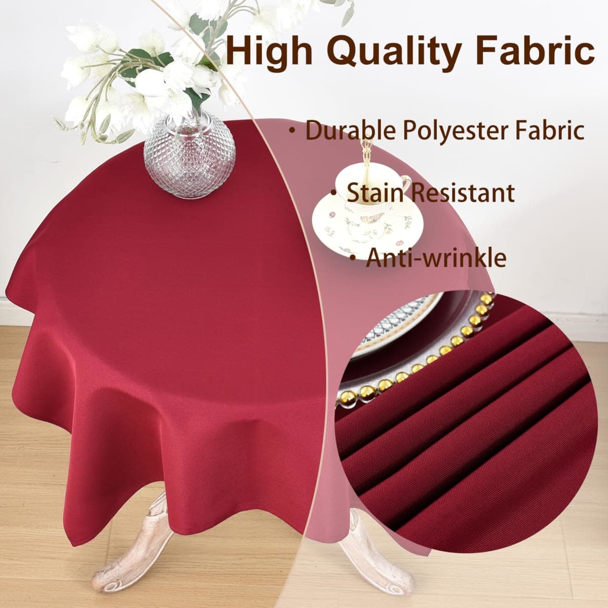 Viiamacki Burgundy Square Small Tablecloth, 24 x 24 Inch, Stain and Wrinkle Resistant Machine Washable Polyester Table Cloth, Fabric Nightstand End Table Cover thumbnail 2