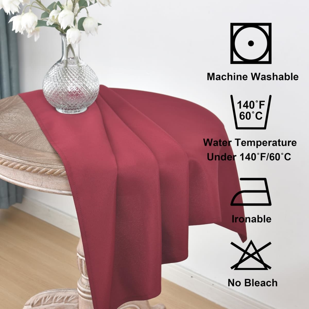 Viiamacki Burgundy Square Small Tablecloth, 24 x 24 Inch, Stain and Wrinkle Resistant Machine Washable Polyester Table Cloth, Fabric Nightstand End Table Cover thumbnail 4