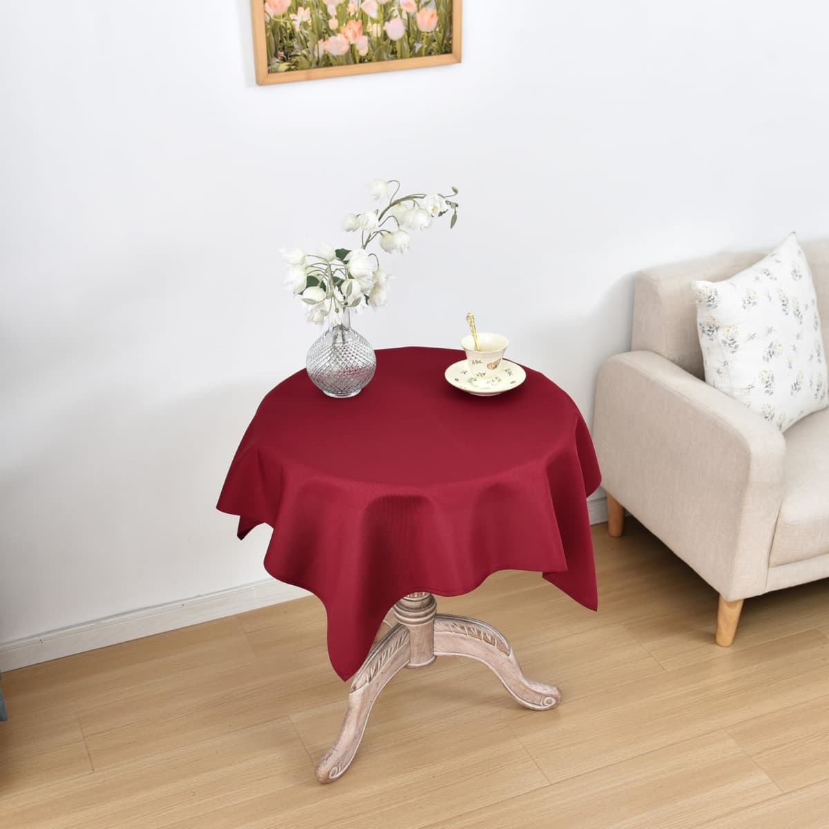 Viiamacki Burgundy Square Small Tablecloth, 24 x 24 Inch, Stain and Wrinkle Resistant Machine Washable Polyester Table Cloth, Fabric Nightstand End Table Cover thumbnail 5