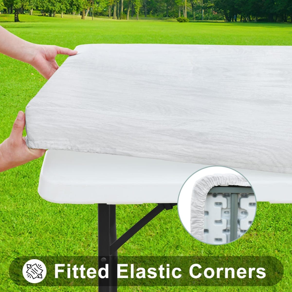 Smiry Rectangle Table Cloth Cover, Waterproof Elastic Fitted Picnic Tablecloth for 4 Foot Tables, Wipeable Flannel Backed Vinyl Tablecloths for Camping, Dining, Outdoor (Grey & White, 24" x 48") thumbnail 2