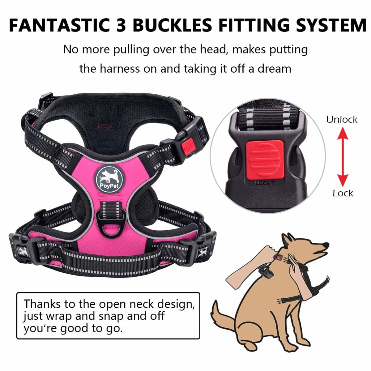 PoyPet No Pull Dog Harness, No Choke Front Lead Dog Reflective Harness, Adjustable Soft Padded Pet Vest with Easy Control Handle for Small to Large Dogs(Pink,M) thumbnail 2
