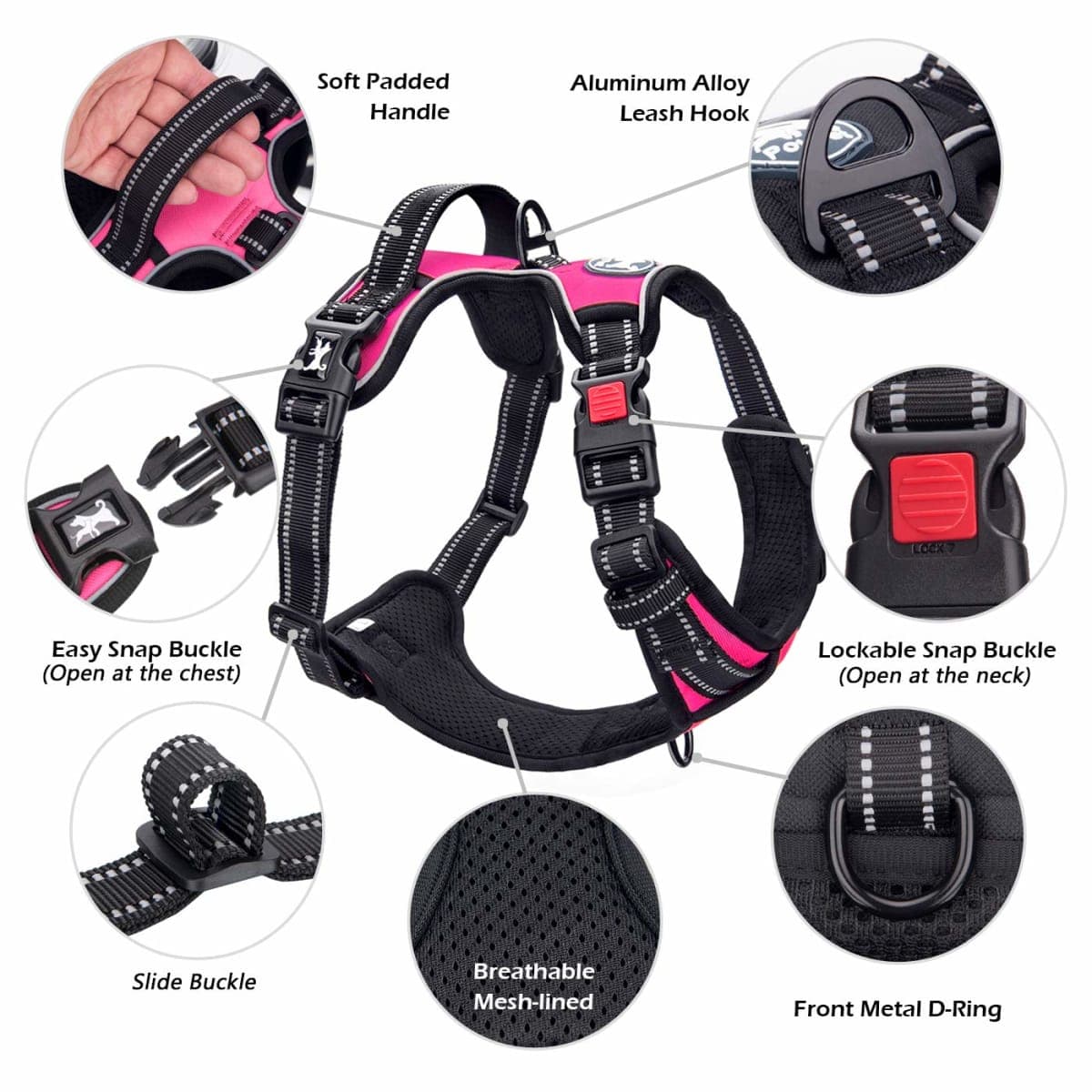 PoyPet No Pull Dog Harness, No Choke Front Lead Dog Reflective Harness, Adjustable Soft Padded Pet Vest with Easy Control Handle for Small to Large Dogs(Pink,M) thumbnail 3