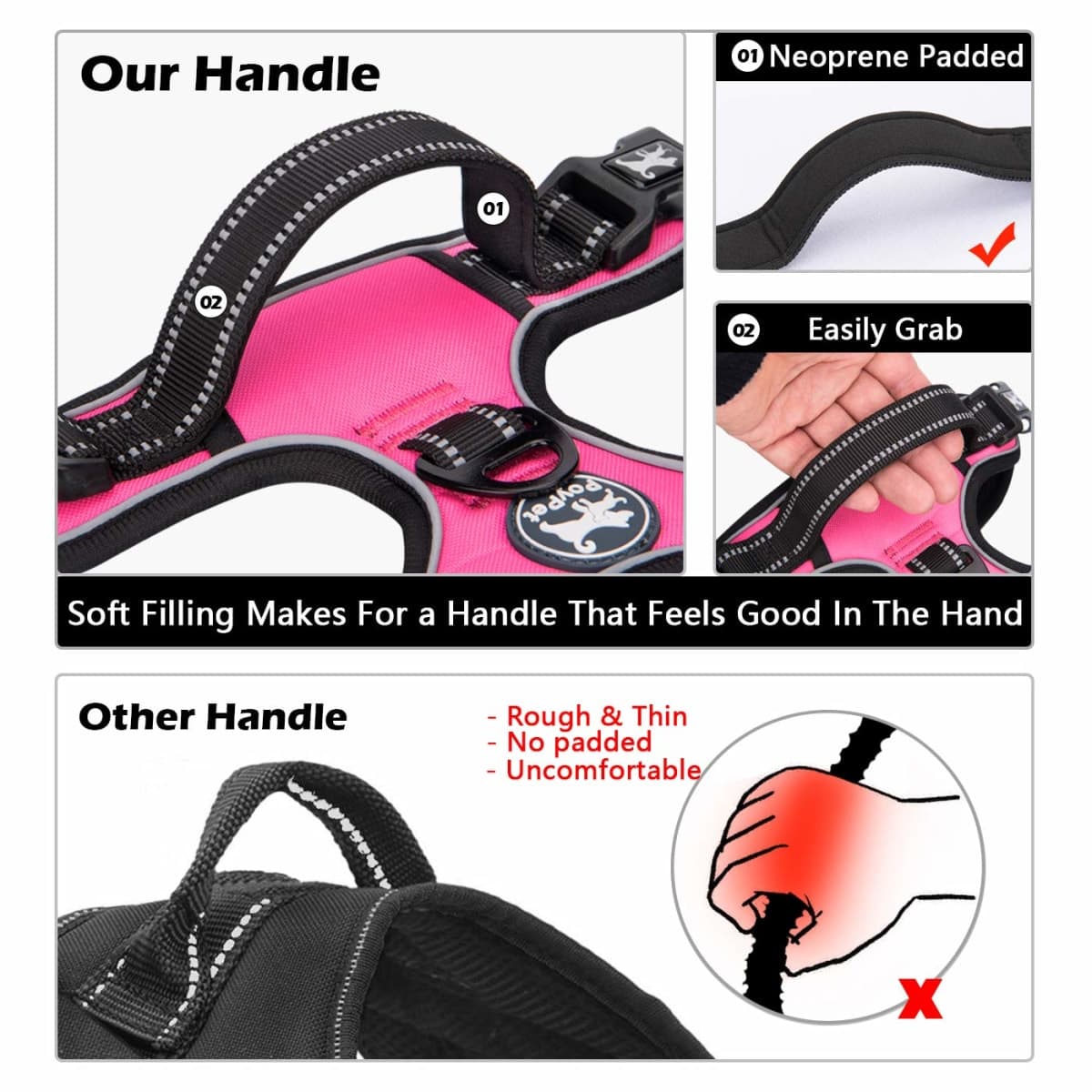PoyPet No Pull Dog Harness, No Choke Front Lead Dog Reflective Harness, Adjustable Soft Padded Pet Vest with Easy Control Handle for Small to Large Dogs(Pink,M) thumbnail 4