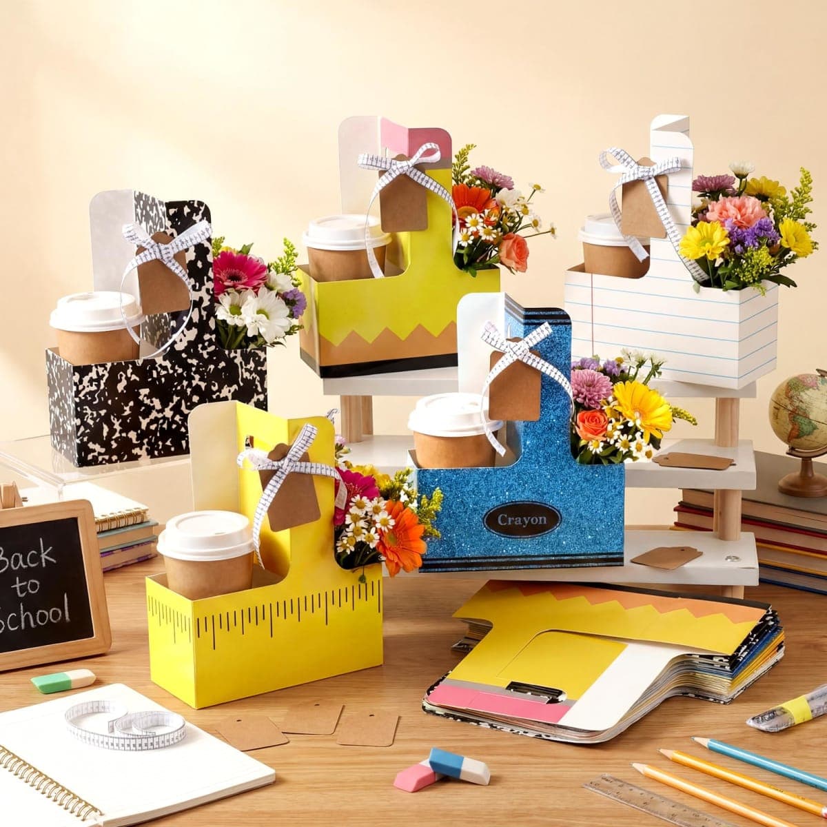 AmazingSpark 24 Sets Teacher Appreciation Gifts -2 Cup Drink Carrier with Handle, Thank You Kraft Paperboard Cup Holder with Label and Ruler Ribbon for Teacher Birthday Gifts thumbnail 4