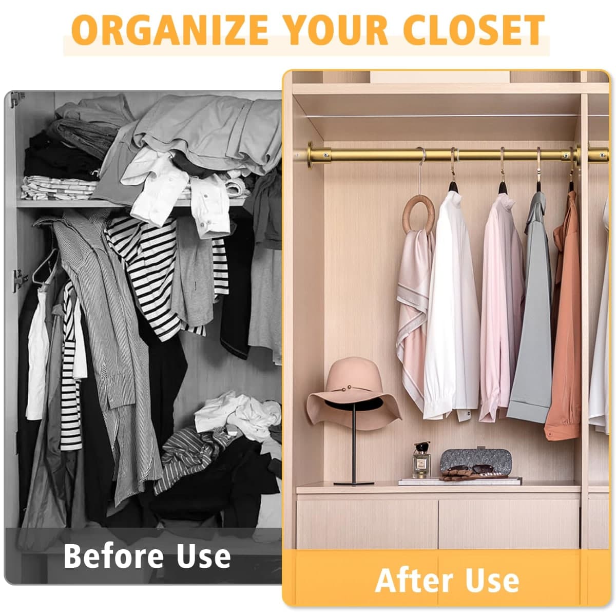 Closet Rods For Hanging Clothes, 17-40 Inch Adjustable Closet Rod, Stainless Steel Heavy Duty Closet Hanging Rod-Gold thumbnail 2
