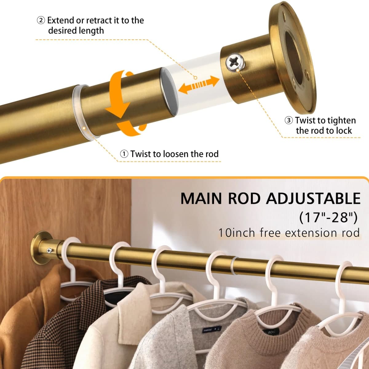 Closet Rods For Hanging Clothes, 17-40 Inch Adjustable Closet Rod, Stainless Steel Heavy Duty Closet Hanging Rod-Gold thumbnail 3