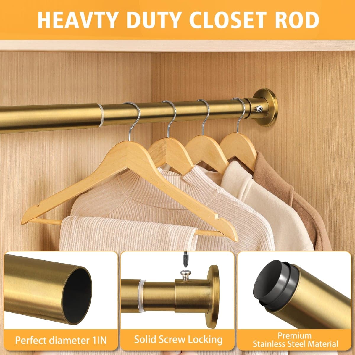 Closet Rods For Hanging Clothes, 17-40 Inch Adjustable Closet Rod, Stainless Steel Heavy Duty Closet Hanging Rod-Gold thumbnail 4