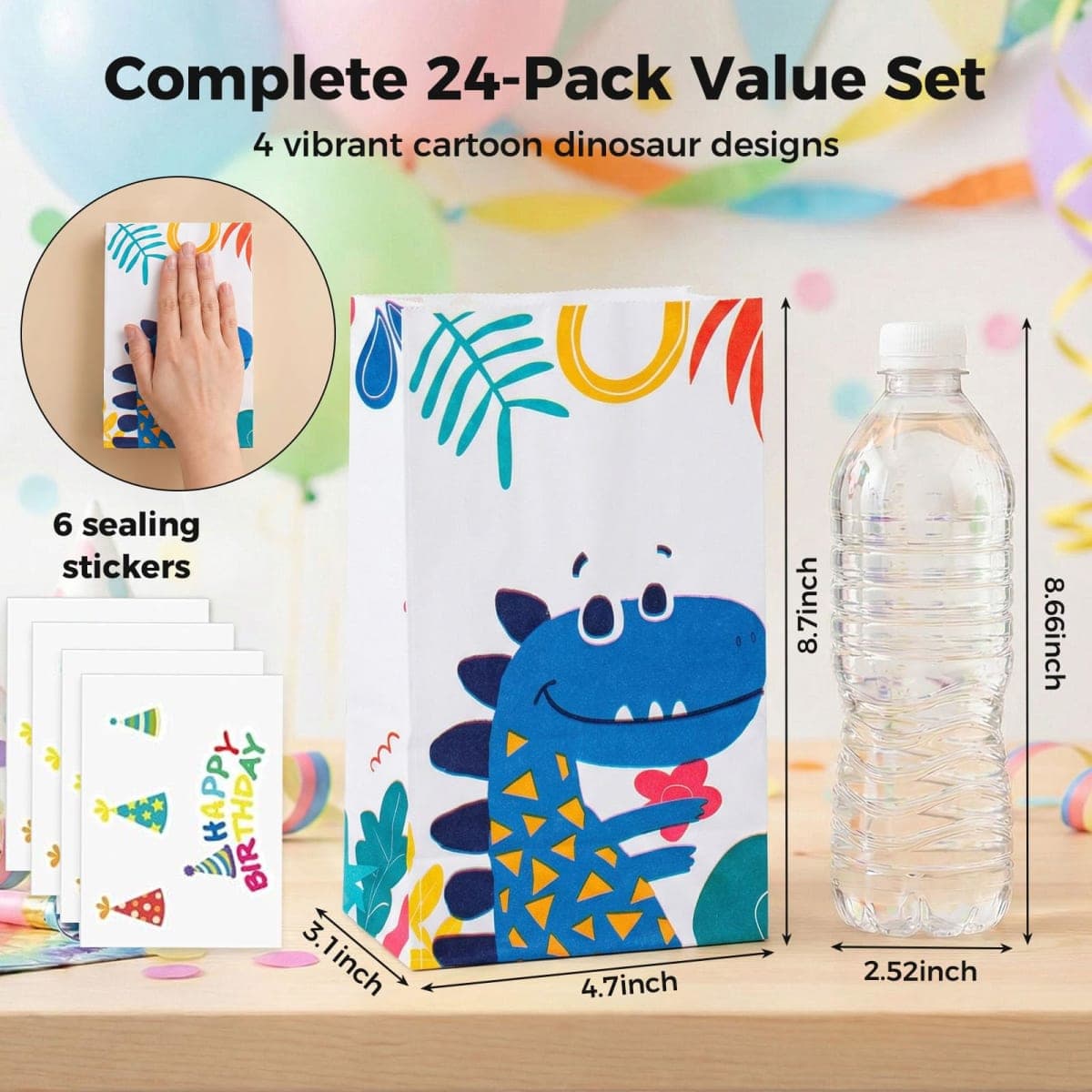 JOHOUSE 24PCS Dinosaur Party Favor Bags, Paper Gift Bags with Stickers Treat Bags Dinosaur Goodie Bags for Birthday Baby Shower thumbnail 2