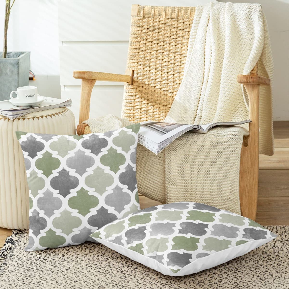 CaliTime Throw Pillow Cases Pack of 2 Cozy Fleece Gradient Geometric Trellis Chain Quatrefoil Accent Decorative Cushion Covers for Couch Bed Sofa Farmhouse Decoration 20 X 20 Inches Sage Green Grey thumbnail 5