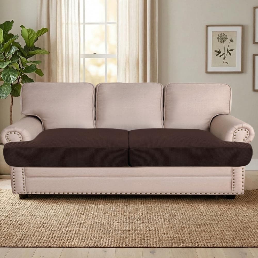 H.VERSAILTEX Stretch 2 Piece T Cushion Sofa Slipcovers Individually Sofa Cushion Covers for 2 Cushion Couch Sofa Seat Cushion Covers with Elastic Bands Featuring Thicker Jacquard Fabric, Chocolate thumbnail 2