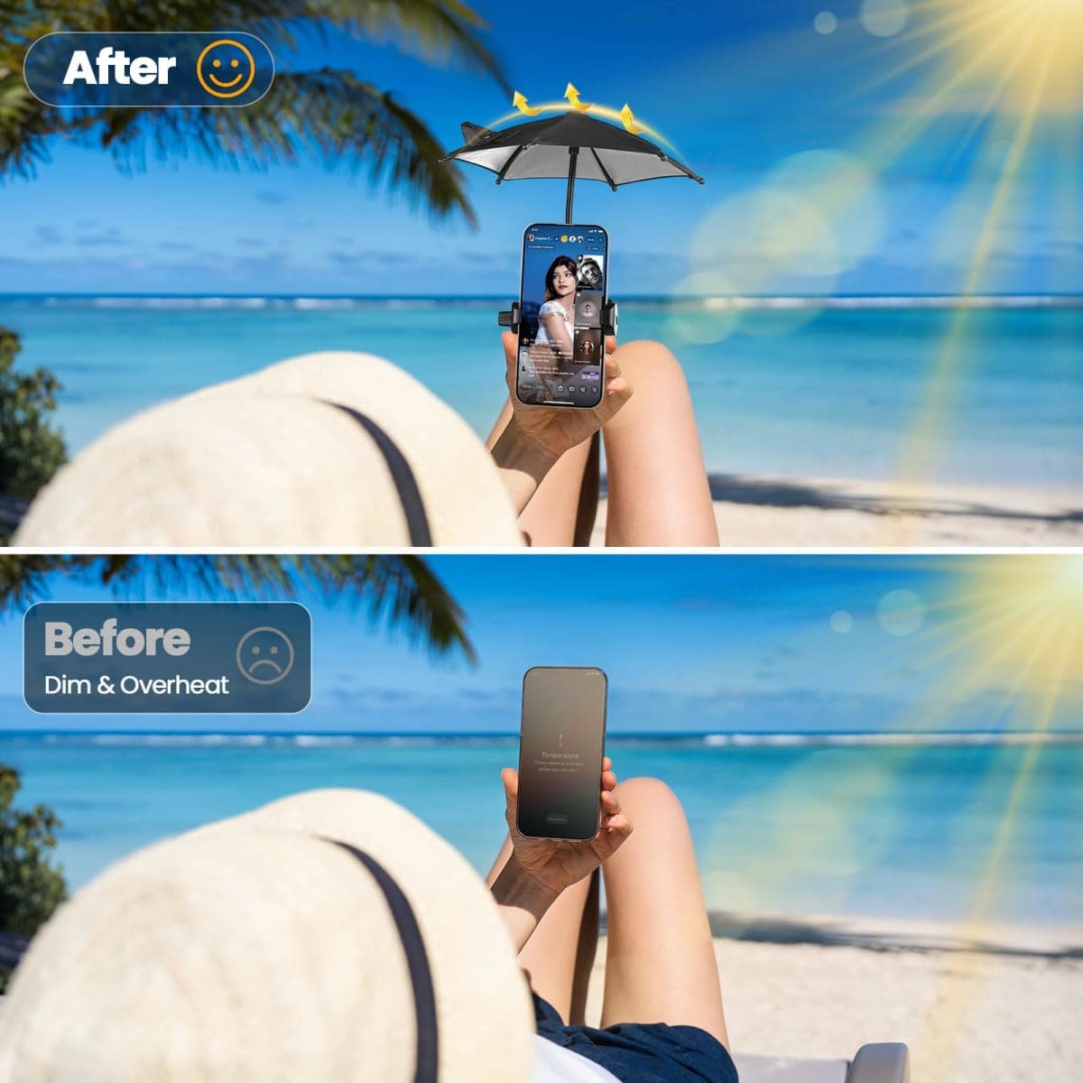 OUTXE Strong Clip Phone Umbrella for Sun, Mini Tanning Shade Cover for Cell iPhone/Android (Black) (1-Pack) thumbnail 2