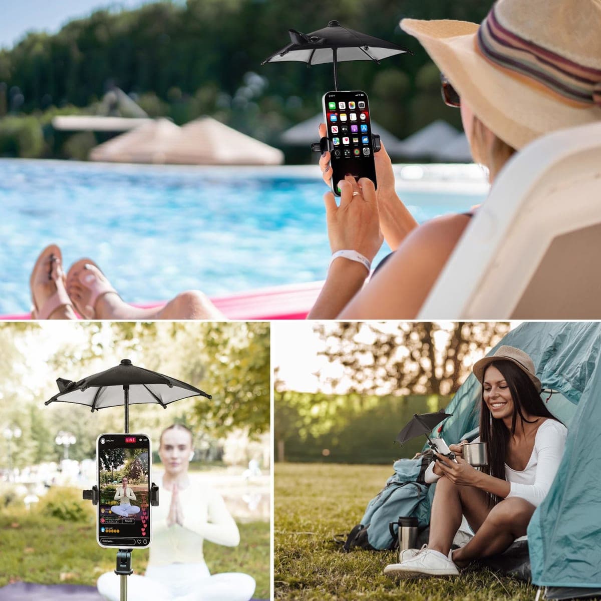 OUTXE Strong Clip Phone Umbrella for Sun, Mini Tanning Shade Cover for Cell iPhone/Android (Black) (1-Pack) thumbnail 3