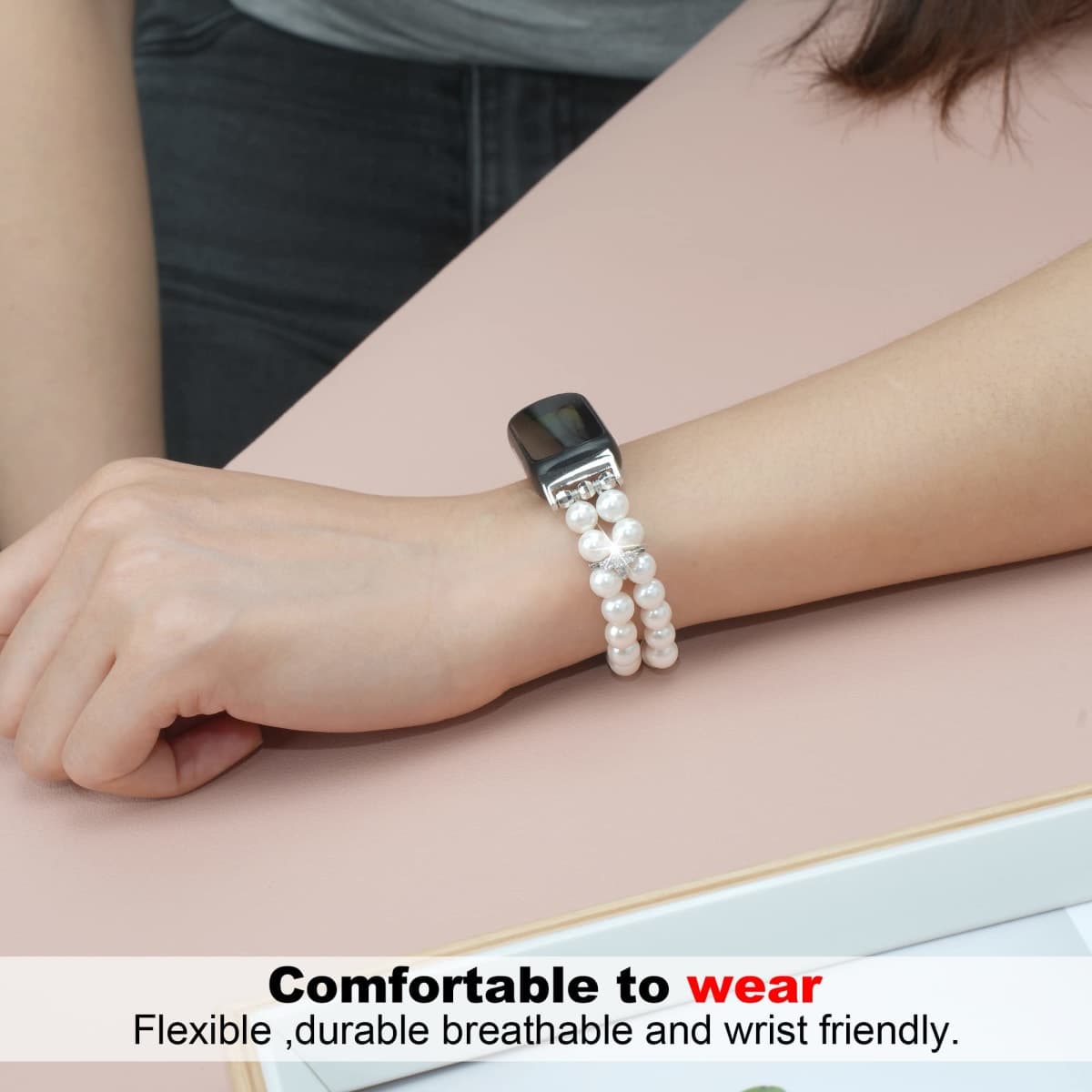 iLVANYA Beaded Bracelet Compatible for Fitbit Inspire 3 for Women,Fashion Handmade Pearl Beads Elastic Stretch Watch Band for Fitbit Inspire 3 Fitness Tracker (Pearl White) thumbnail 3
