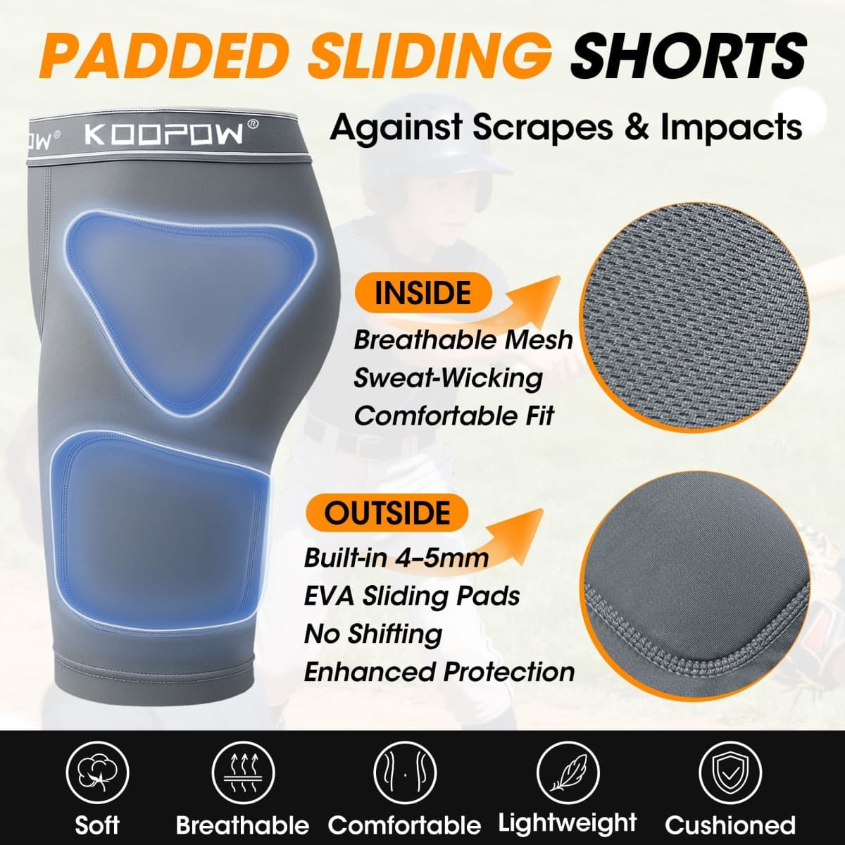 KOOPOW Youth Boys Padded Sliding Shorts Slider Pad with Soft Protective Athletic Cup for Baseball, Football, Lacrosse, Grey, Small thumbnail 2
