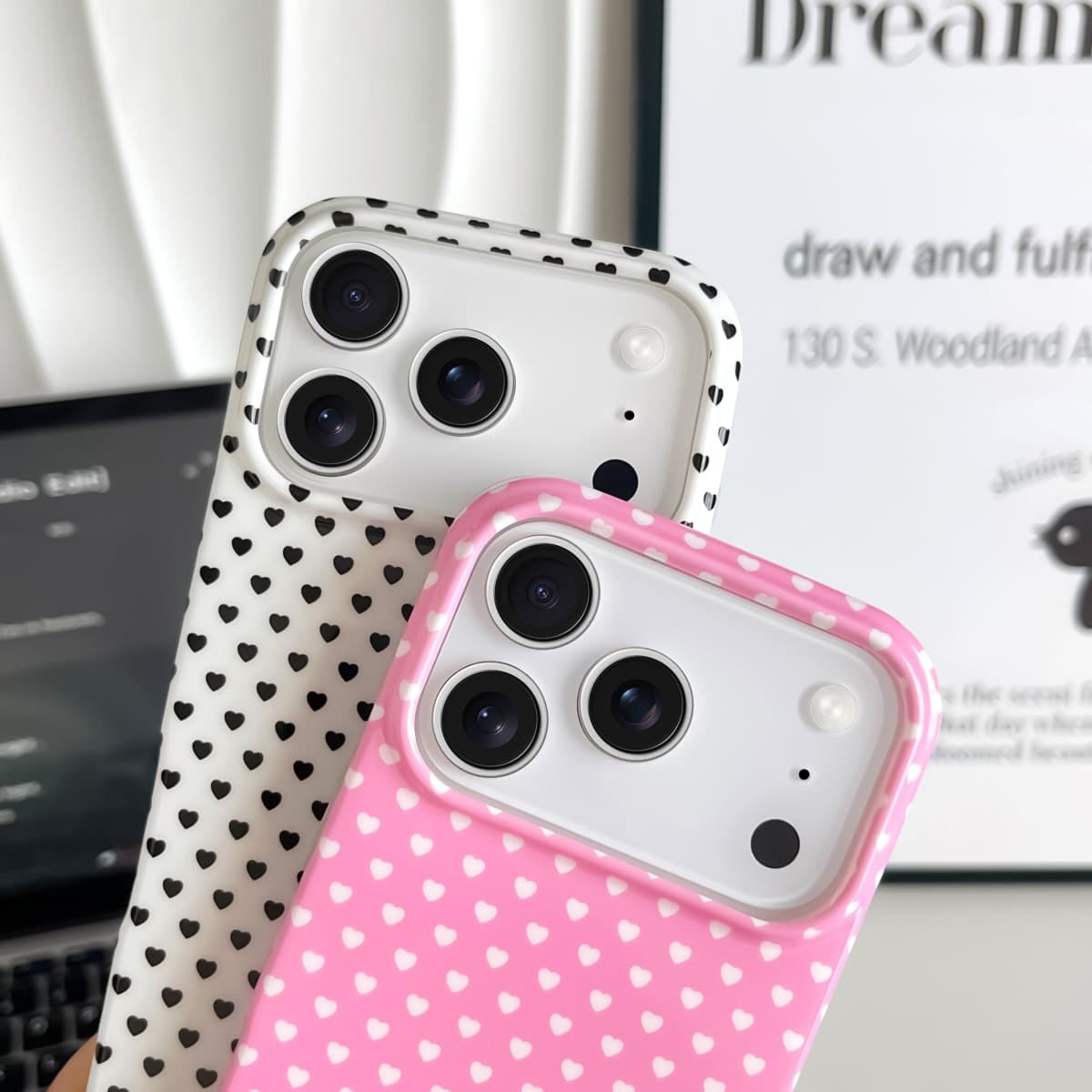 Skyseaco for iPhone 17 Pro Max Case Cute Heart Phone Case Soft Slim TPU Shockproof Phone Cover for Women Girls - Pink and White thumbnail 3