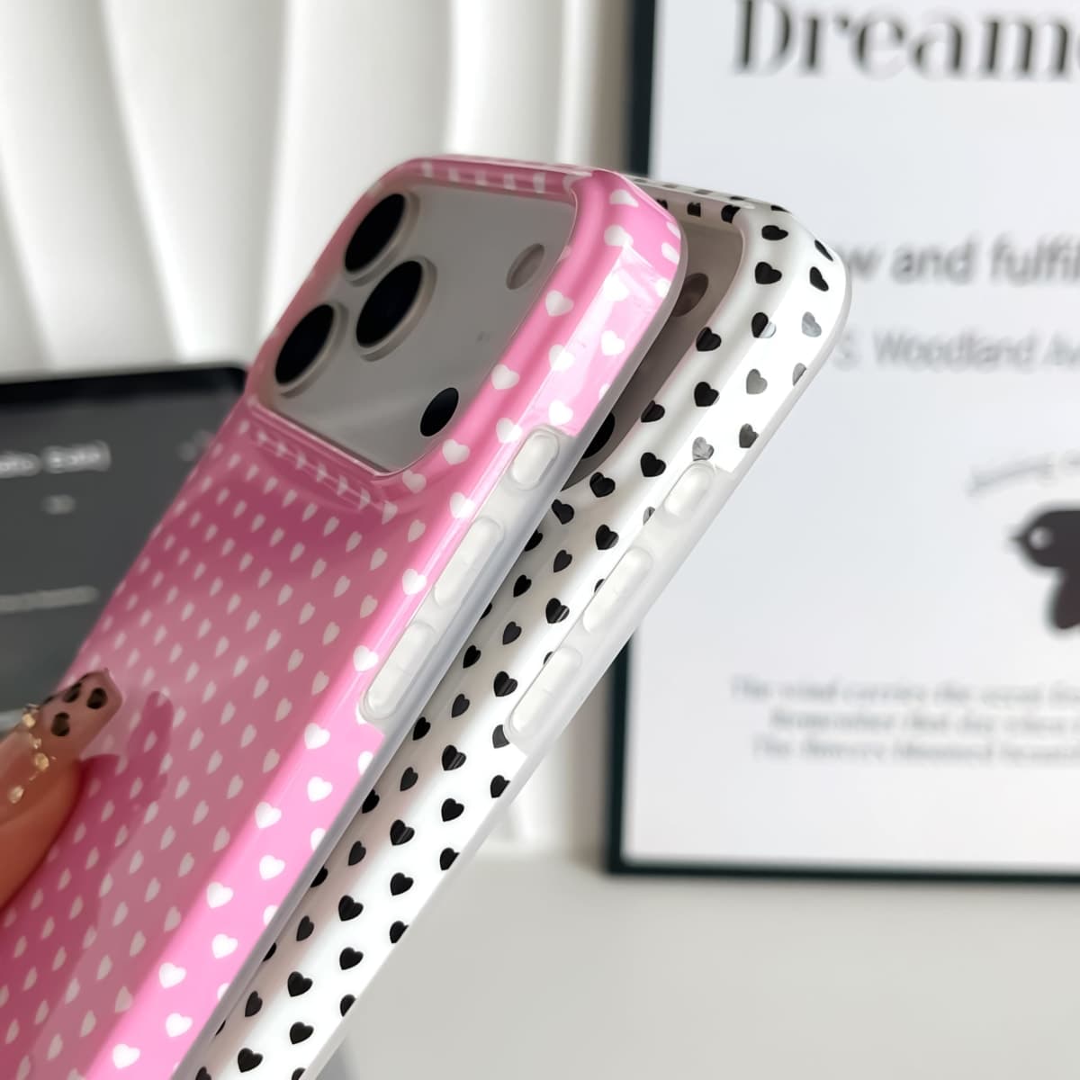 Skyseaco for iPhone 17 Pro Max Case Cute Heart Phone Case Soft Slim TPU Shockproof Phone Cover for Women Girls - Pink and White thumbnail 4