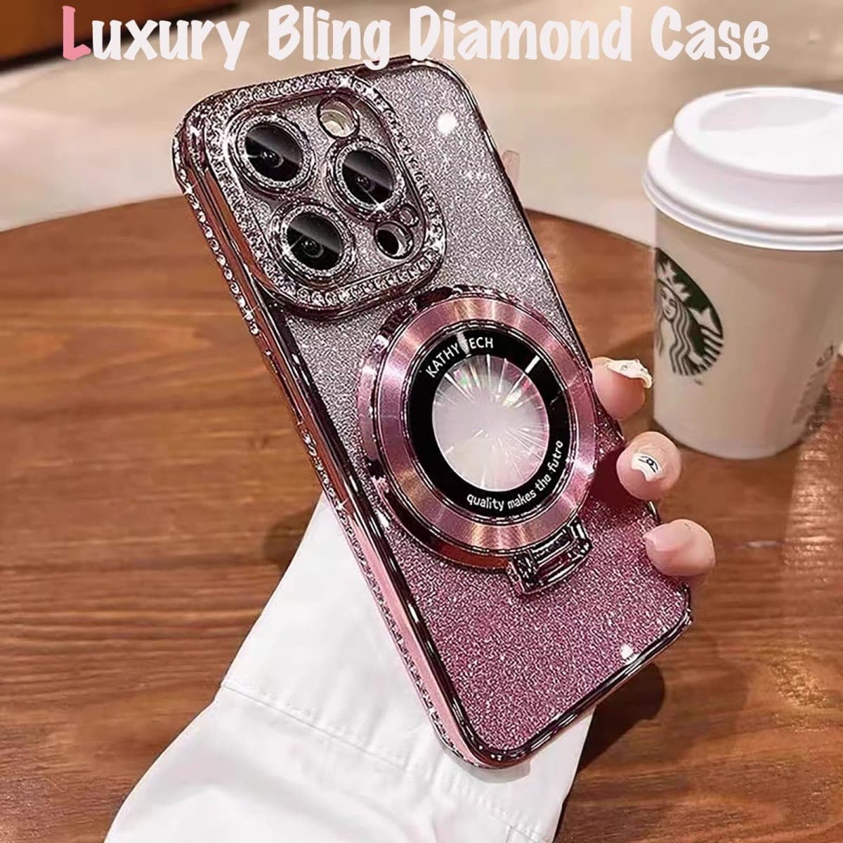Luxury Bling Diamond for Phone 17 Pro - Clear Transparent Back with Glitter Card & Sparkling Rhinestones, Magnetic Kickstand, Shockproof Protection - Dazzling Cover for Women Pink thumbnail 2